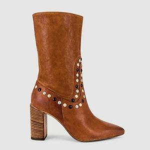Free People Tan Studded Leather Mid-Calf Heeled Boots